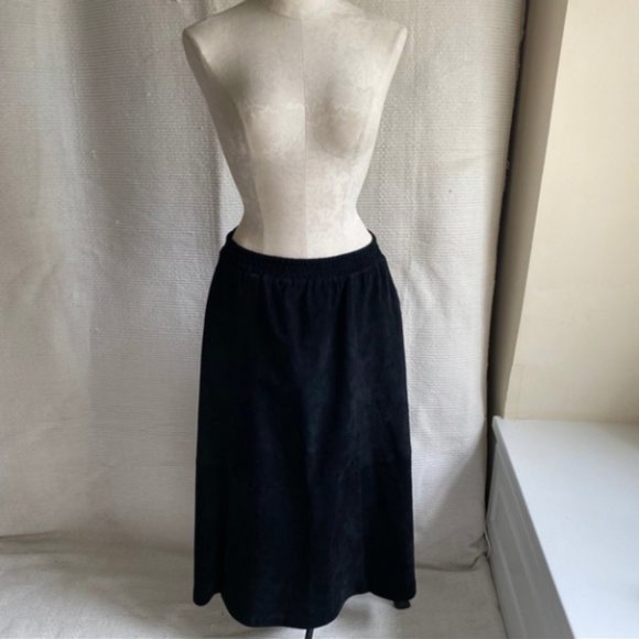 Vintage 70s 80s Suede Leather Midi Skirt Black - Picture 2 of 8
